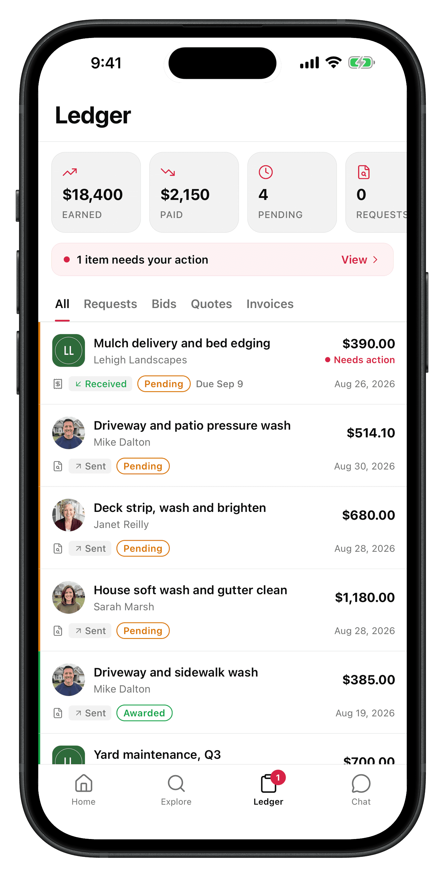 The QuoteAhead Ledger, listing a contractor's requests, bids, quotes, and invoices alongside earned and paid totals