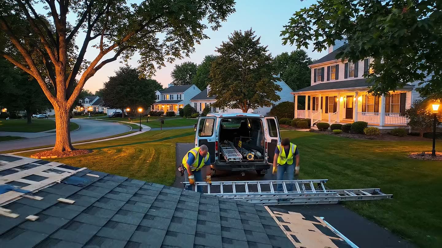 A contractor crew loading their van at dusk in a Lehigh Valley neighborhood