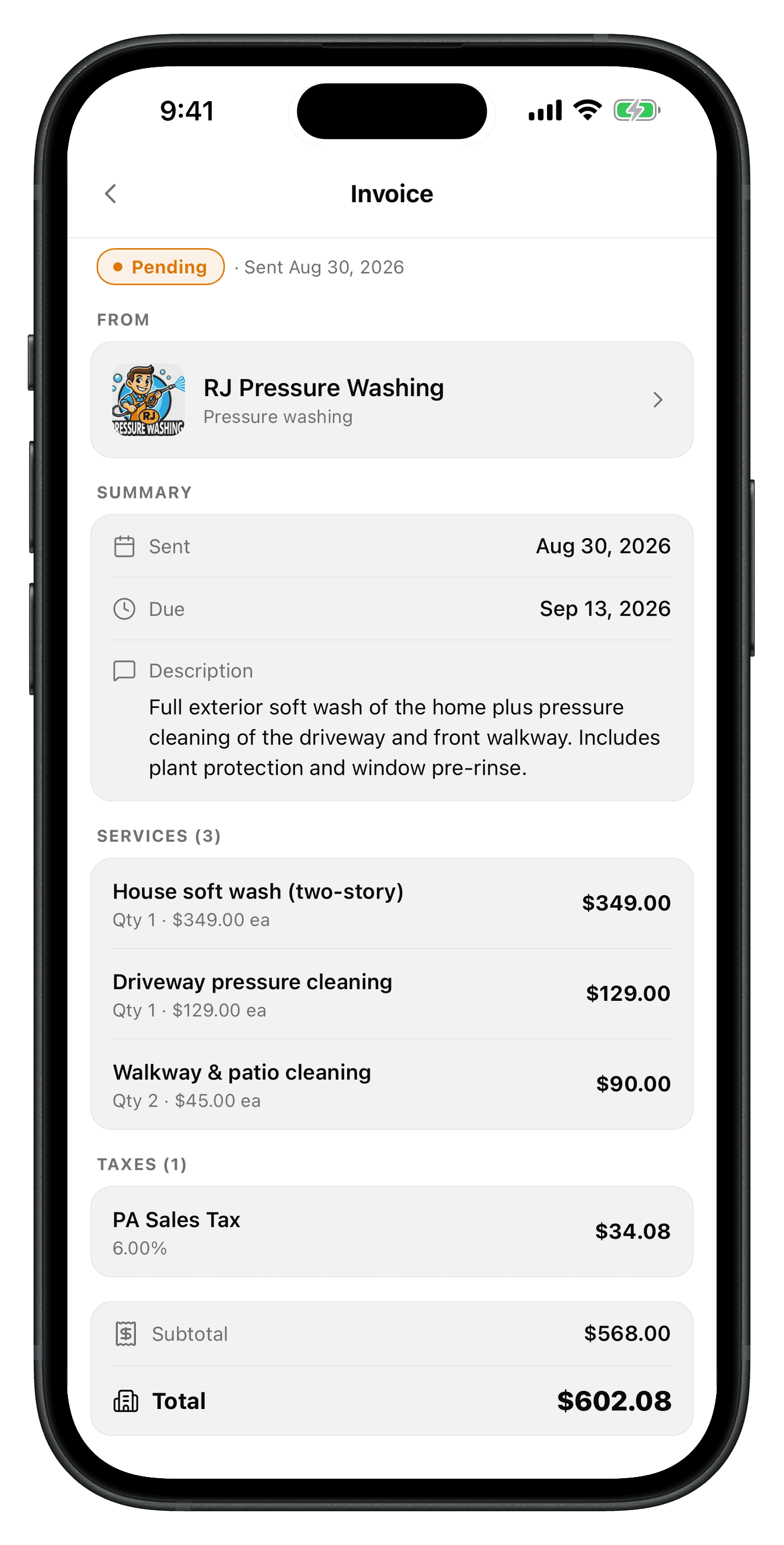 An invoice for a house wash and driveway cleaning job on QuoteAhead, itemized with PA sales tax and the total due