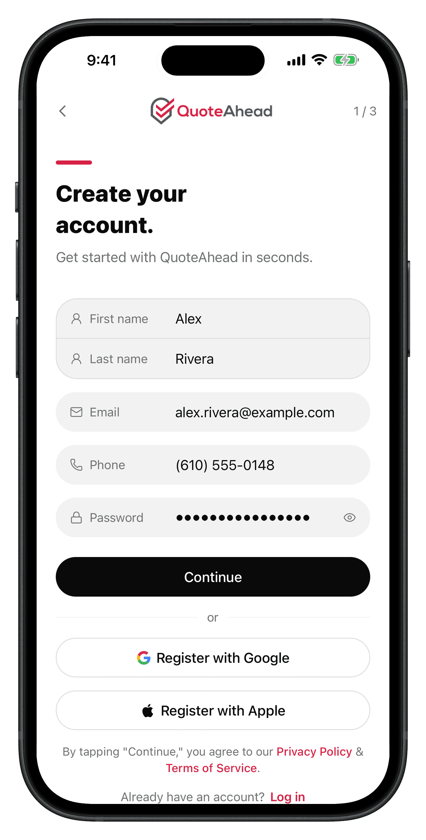 The QuoteAhead sign-up screen for name, email, phone, and password, with Google and Apple options