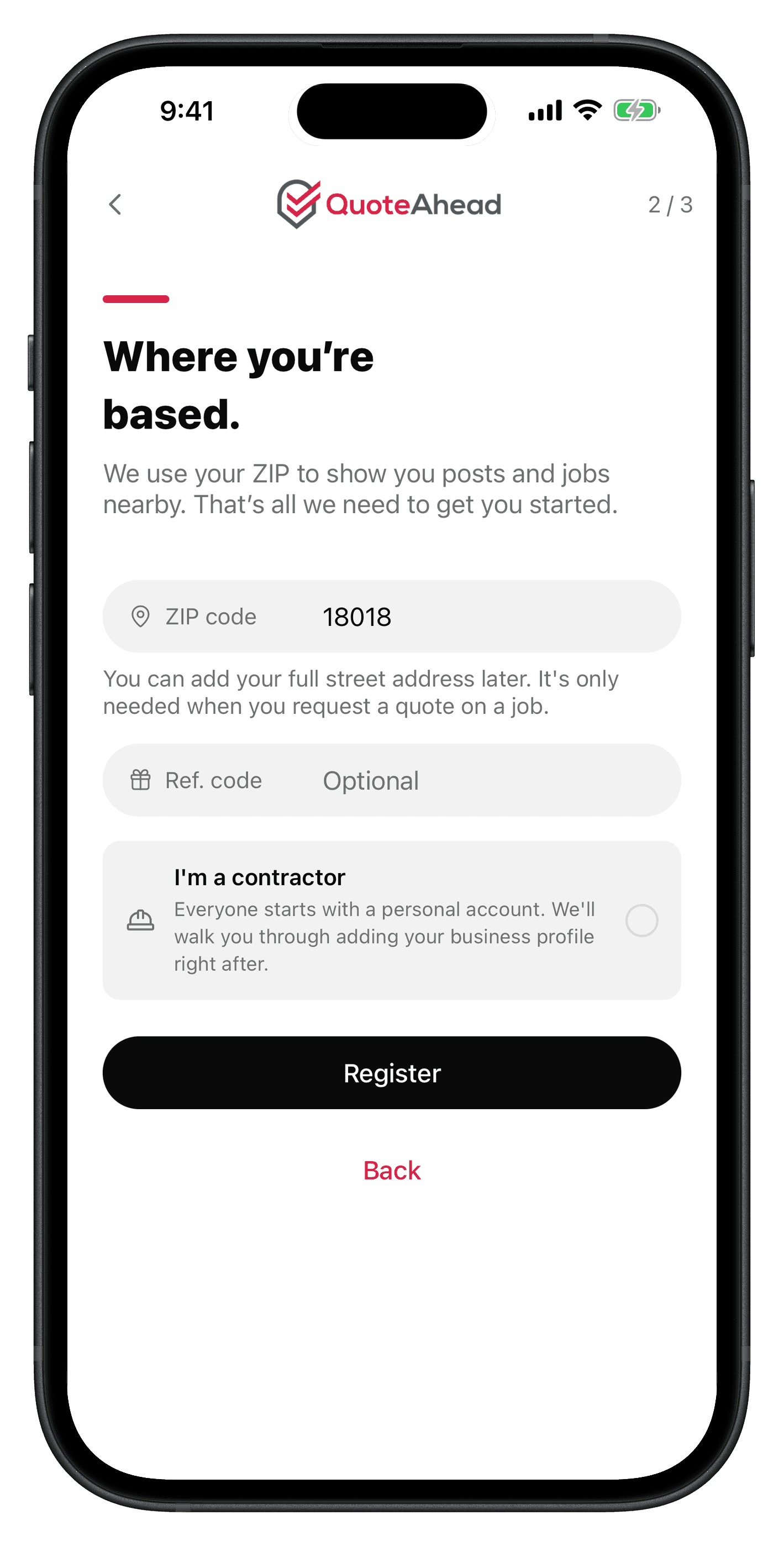 The QuoteAhead sign-up screen for ZIP code, referral code, and contractor account type