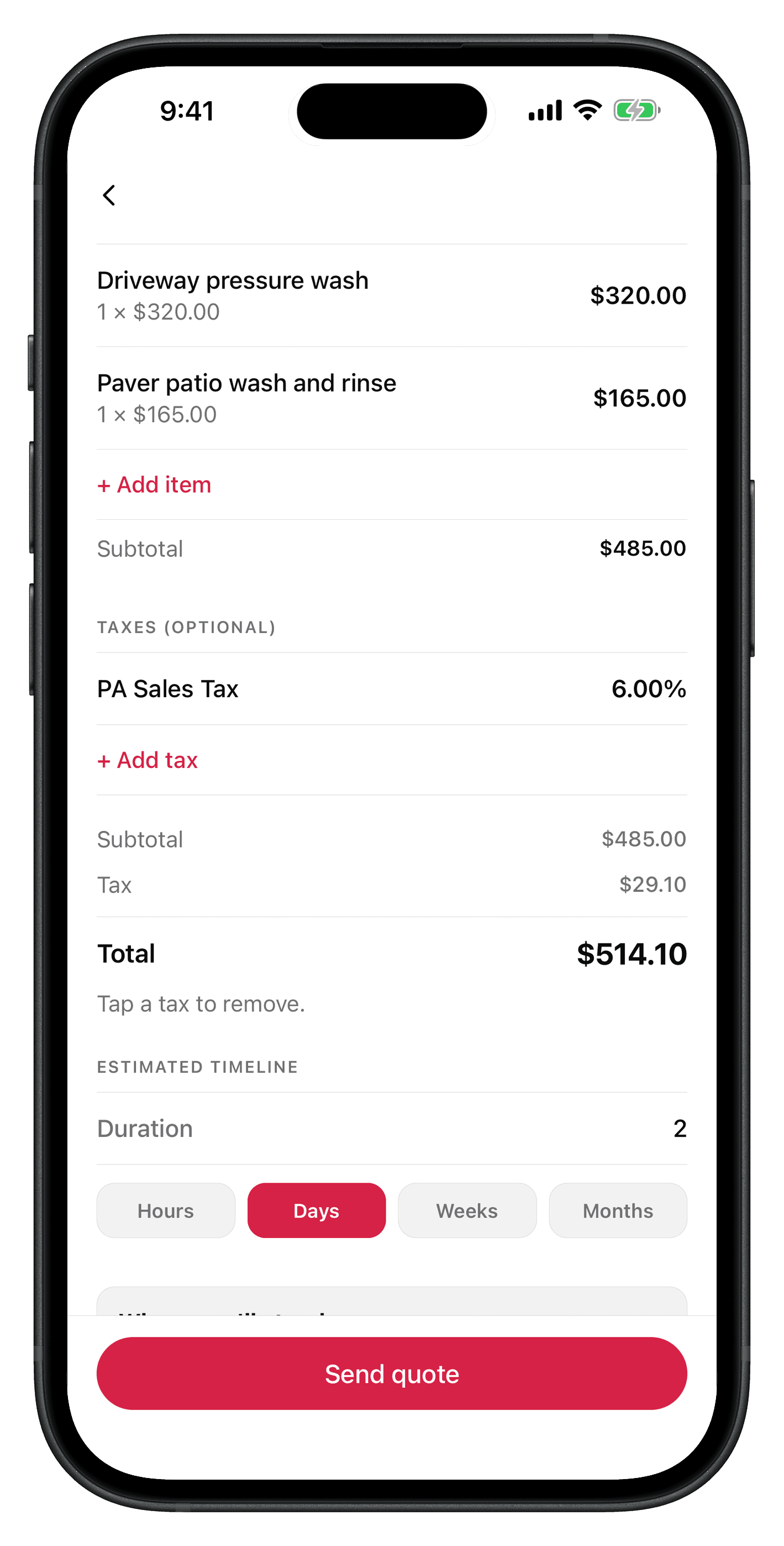 A contractor's QuoteAhead quote with line items, PA sales tax, and an estimated timeline, ready to send
