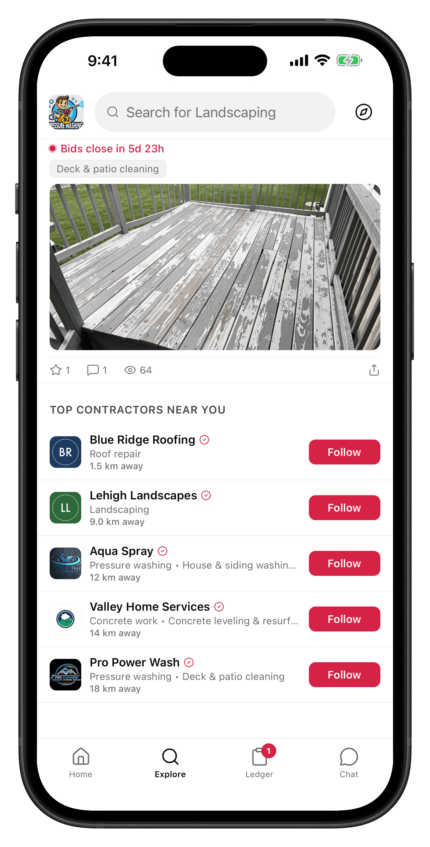 The QuoteAhead Explore tab, listing top contractors near you with their trade, distance, and a Follow button