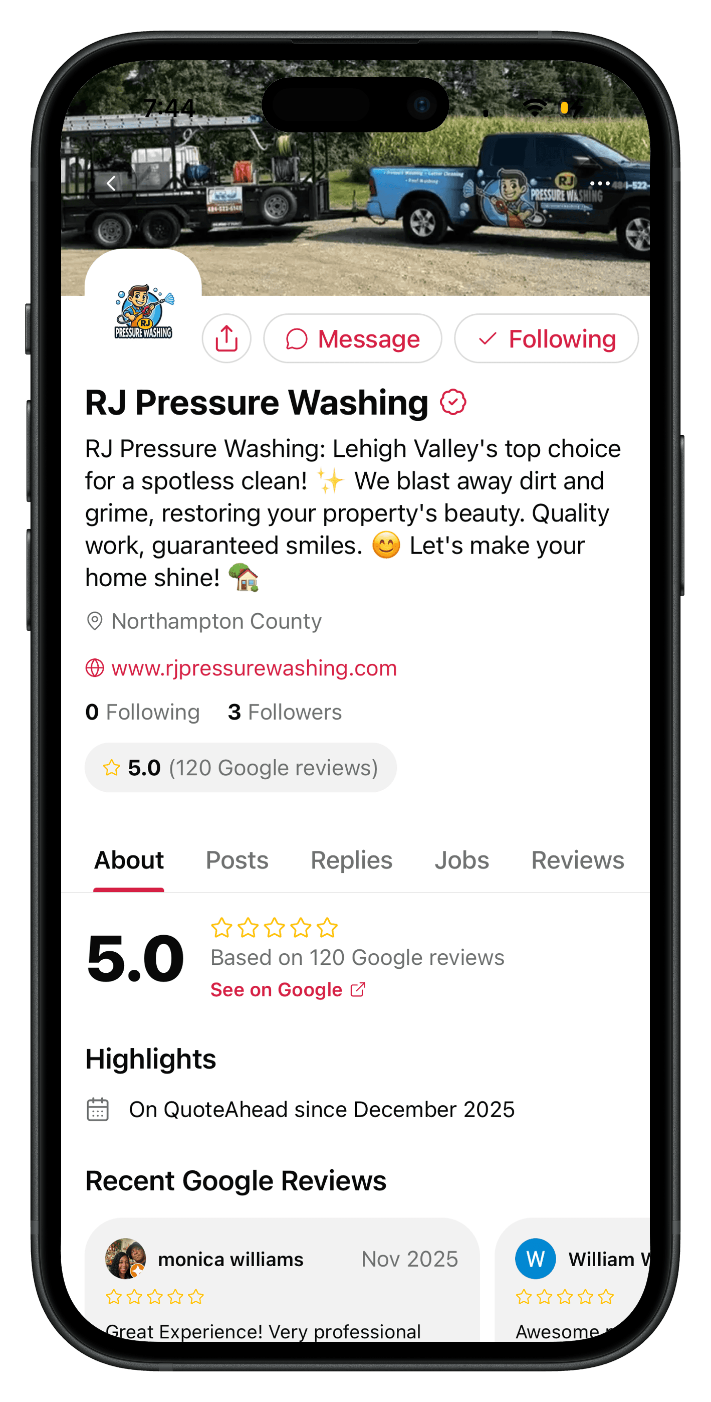 RJ Pressure Washing's QuoteAhead profile, showing their verified badge, banner photo, and Google review rating