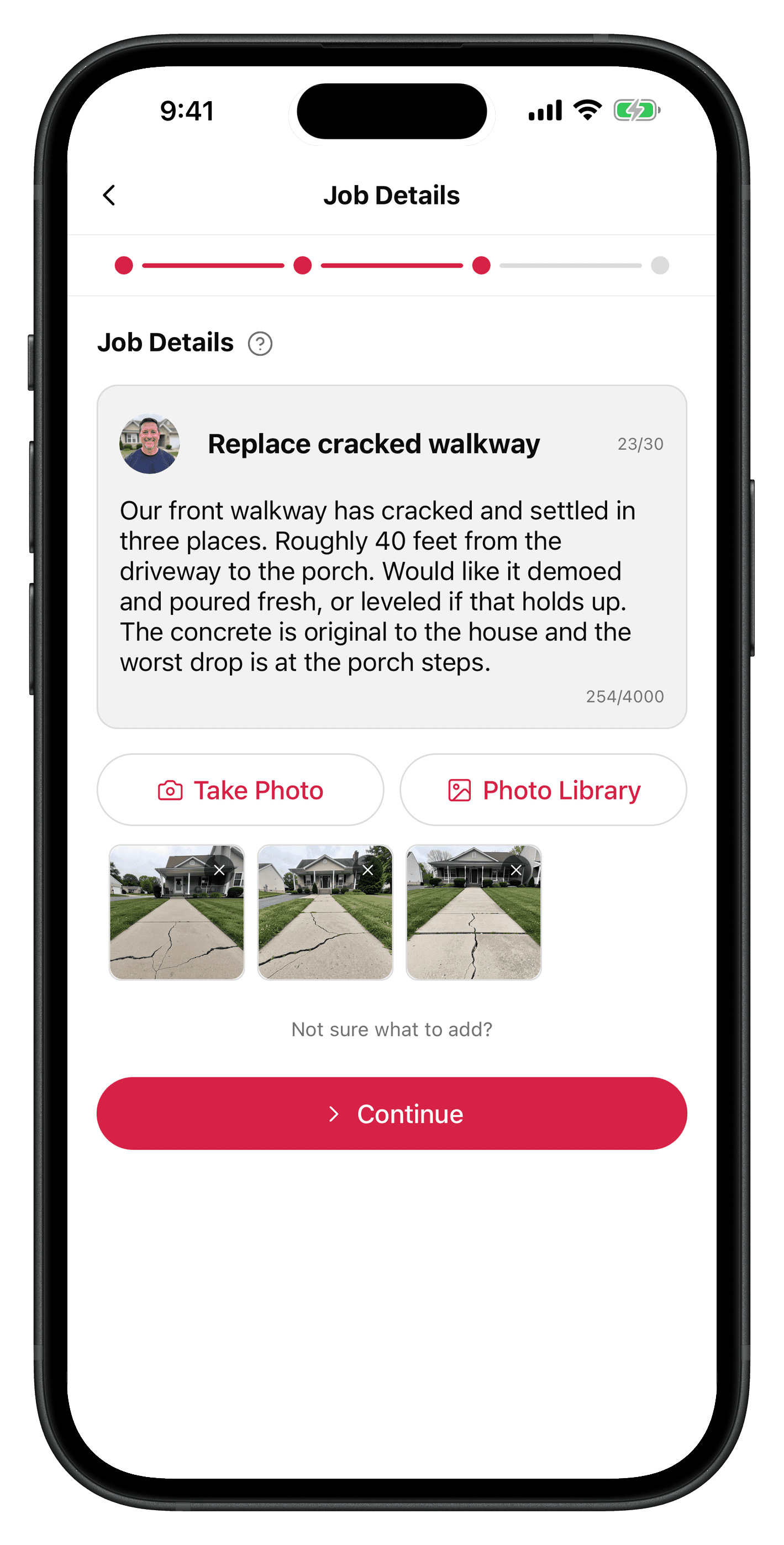 The QuoteAhead job request wizard's details step, with a title, description, and three photos of a cracked walkway
