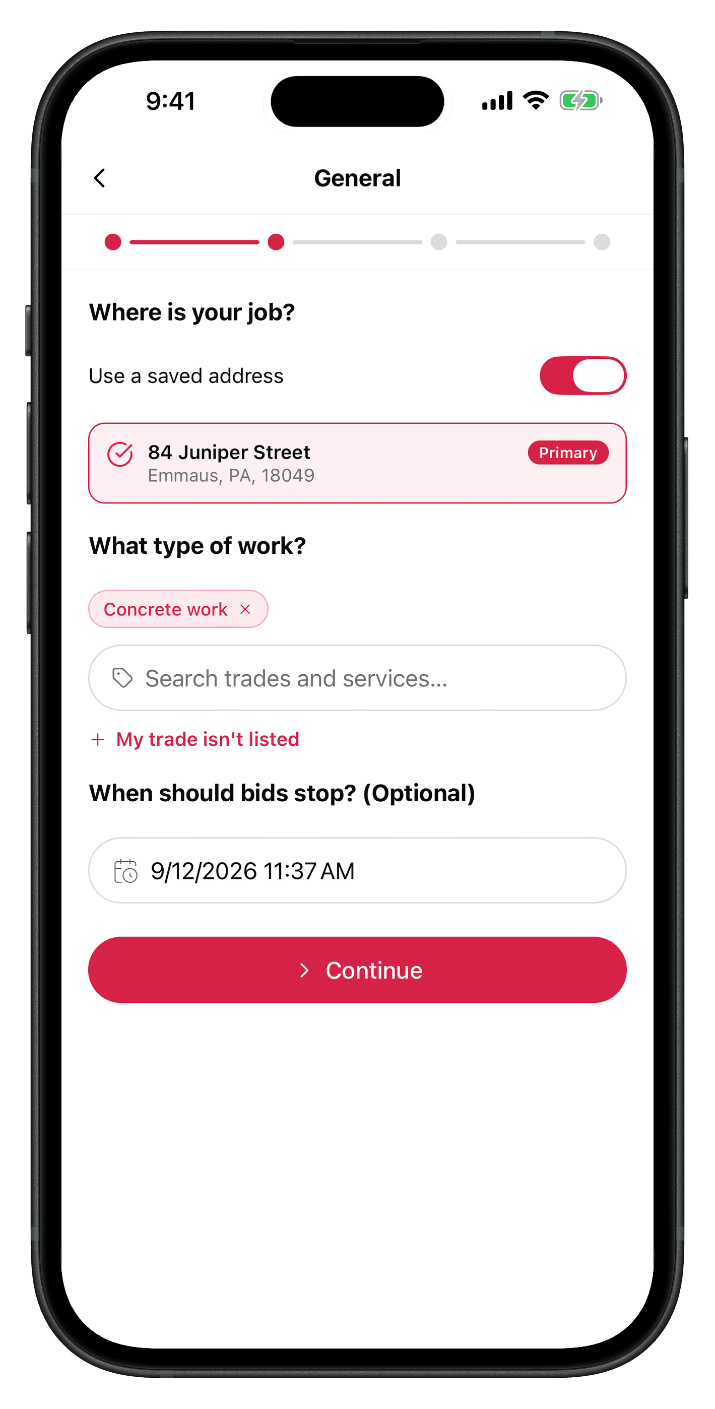 The QuoteAhead job request wizard's general step: address, trade, and when bids should stop