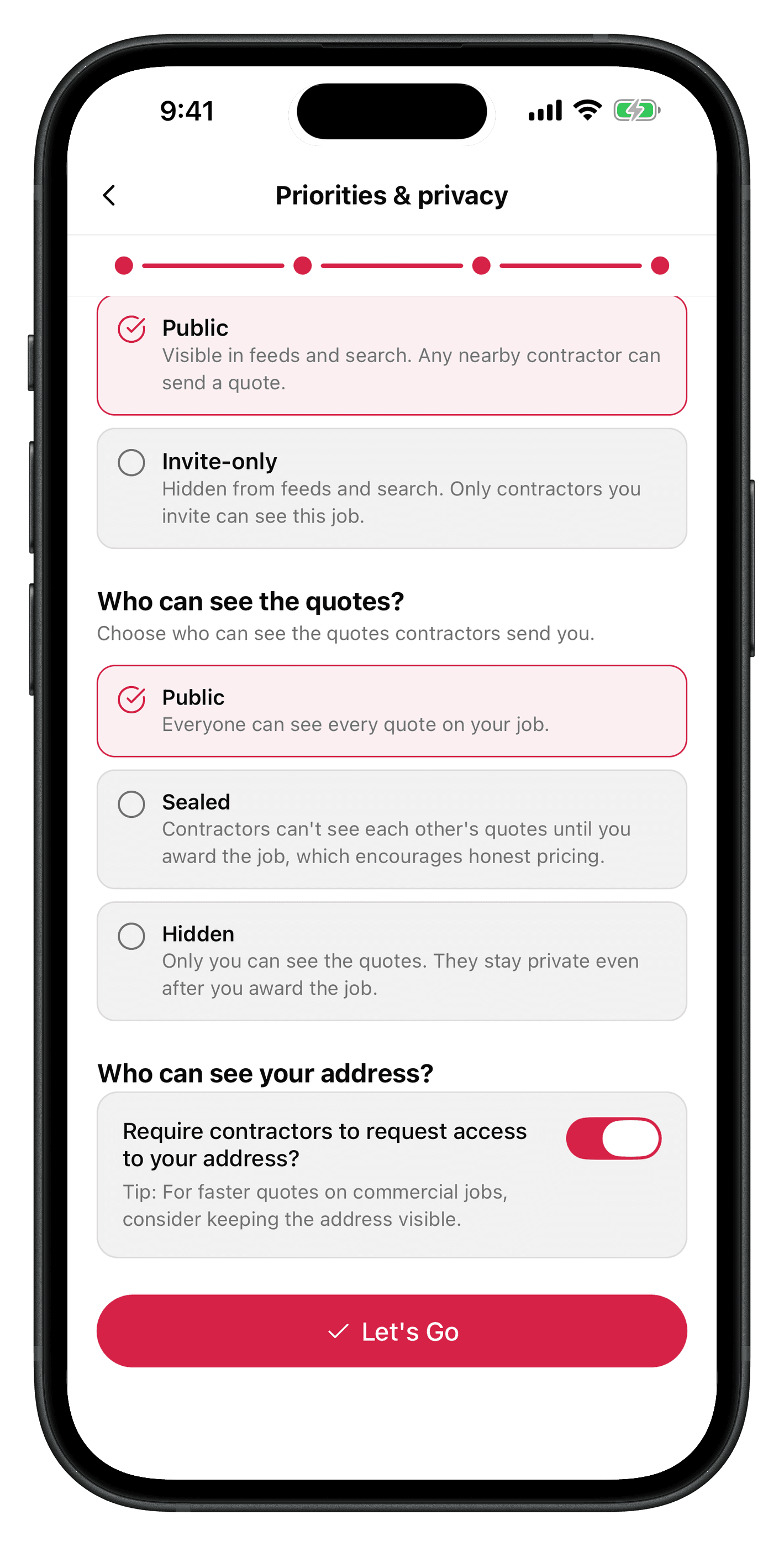 The QuoteAhead job request wizard's privacy step: public or invite-only visibility, public, sealed, or hidden quotes, and an address kept hidden until approved