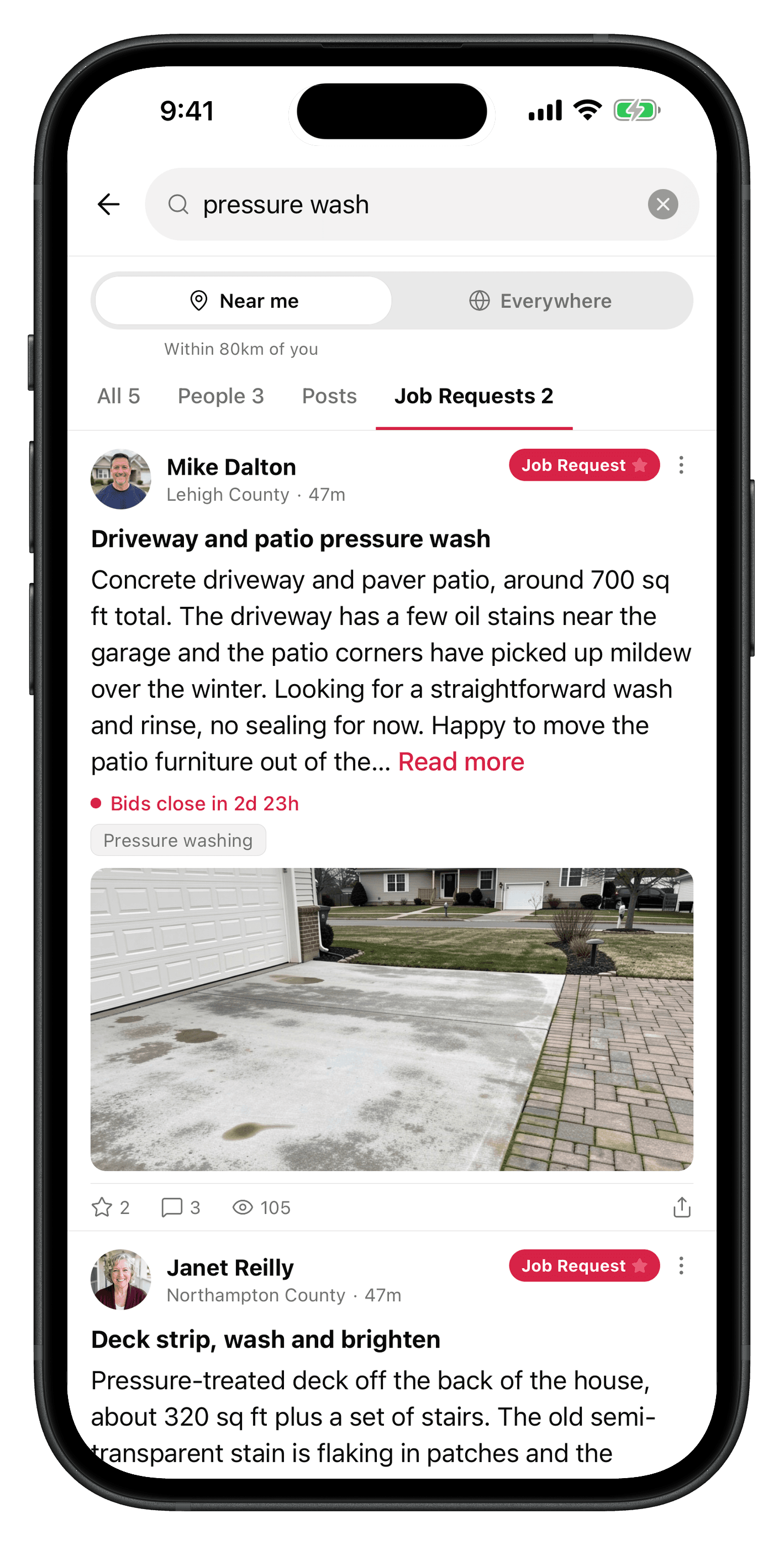 QuoteAhead’s Explore screen showing nearby job requests with the owner’s scope, bid deadline, and photos of work still to be done