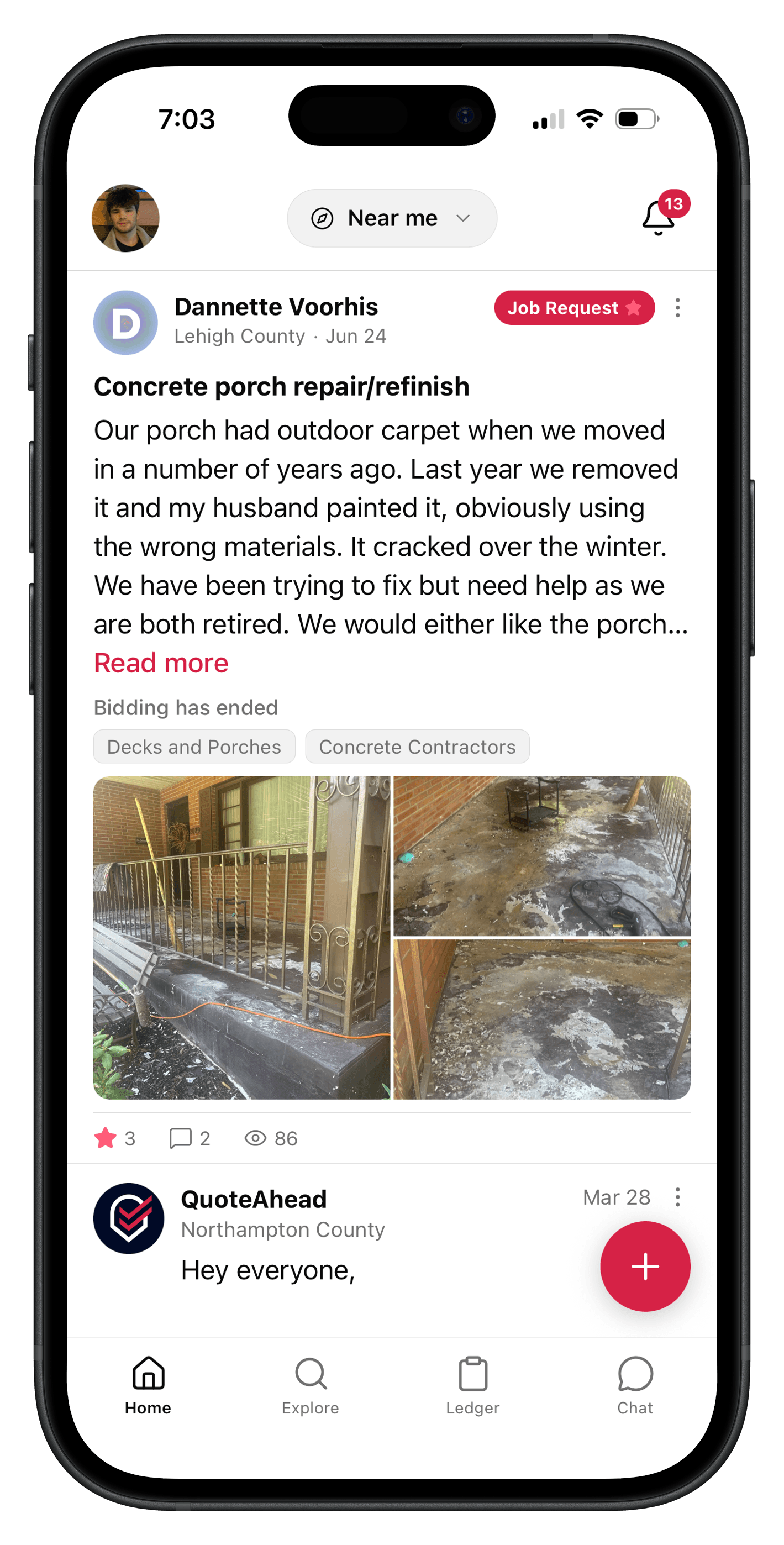 The QuoteAhead home feed, showing a neighbor's job request for a concrete porch repair with photos of the work