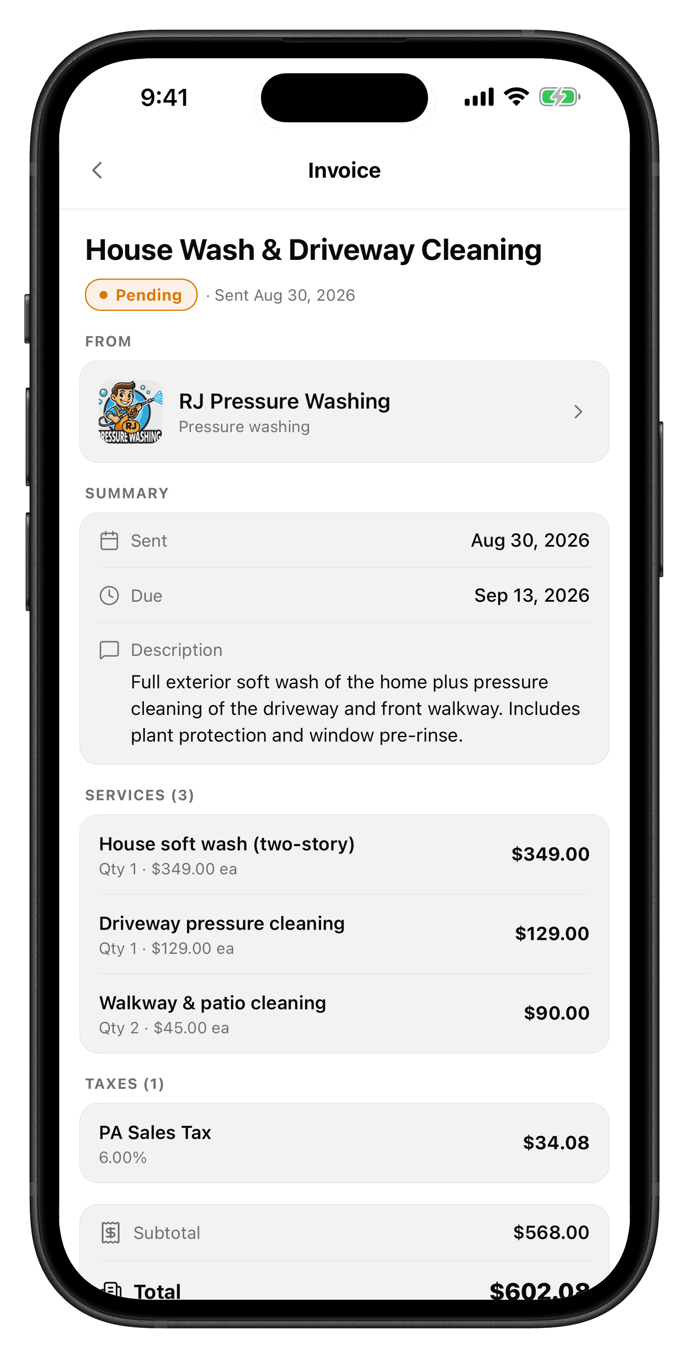 An invoice for a house wash and driveway cleaning job, including PA sales tax and the total due, as the property owner sees it