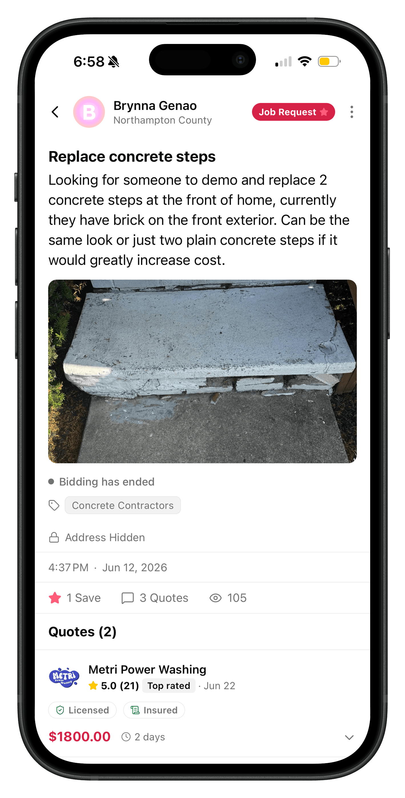 The quotes list on a QuoteAhead job request, with bids arriving from verified local pros
