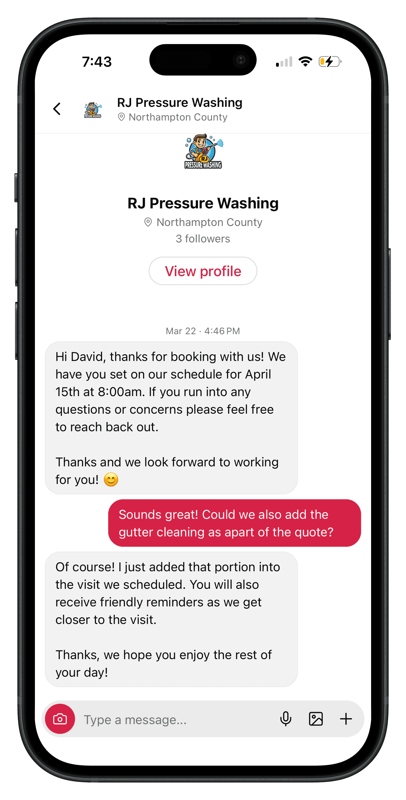 A QuoteAhead message thread with RJ Pressure Washing, confirming a scheduled visit and adding gutter cleaning to the quote