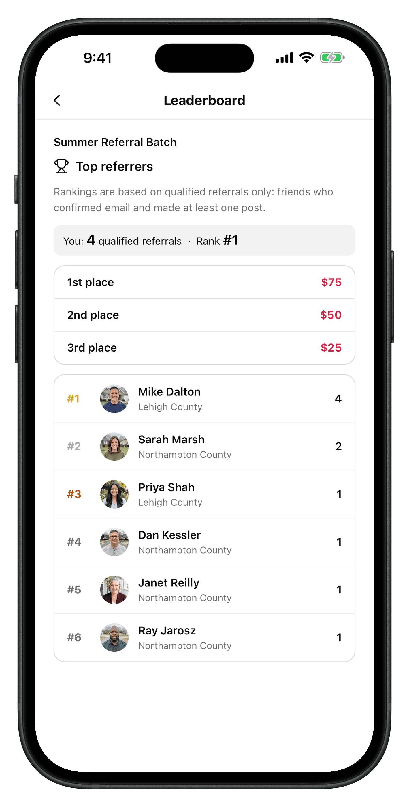 The QuoteAhead referral leaderboard screen