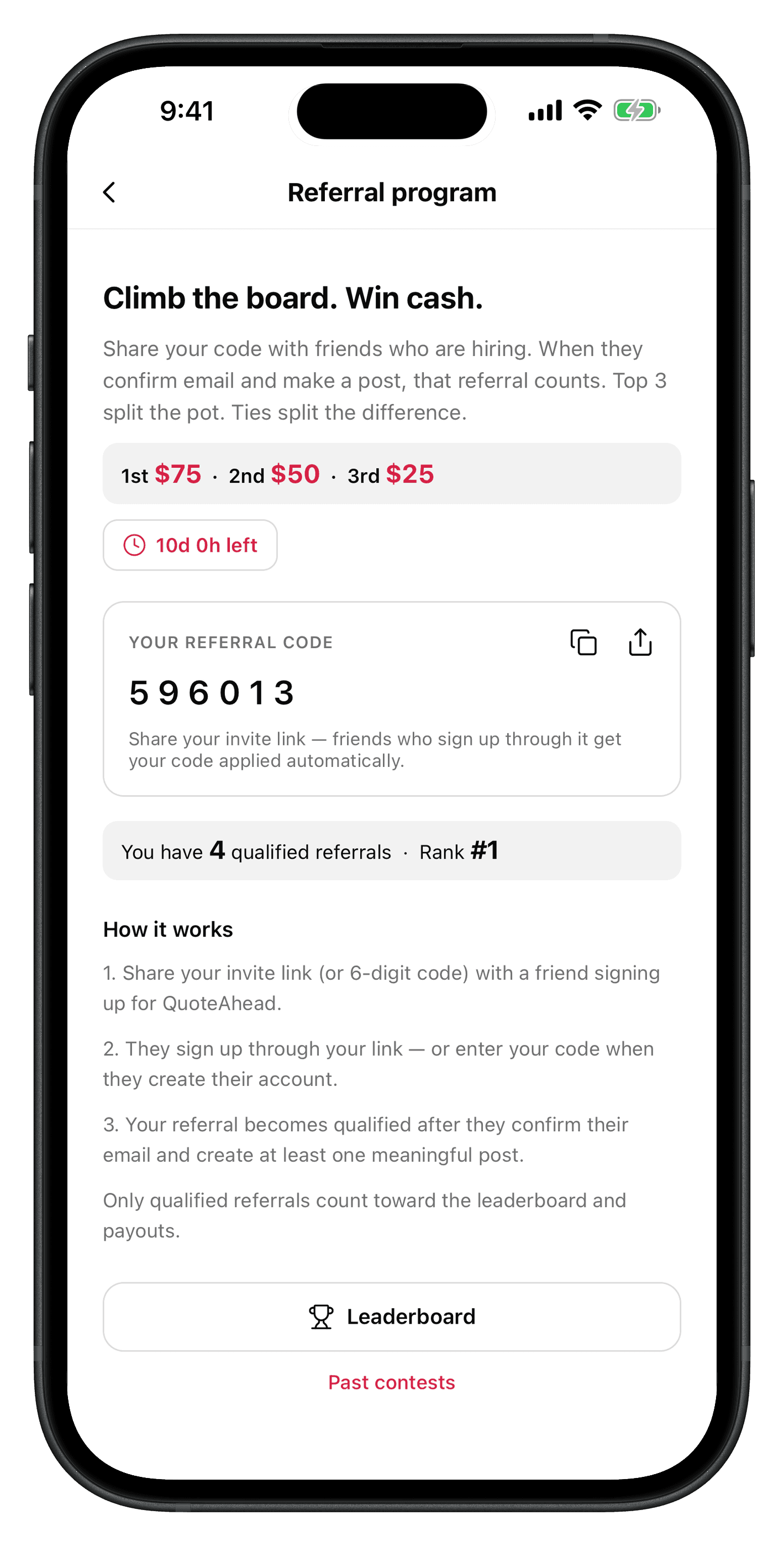 The QuoteAhead referral program screen with a shareable code