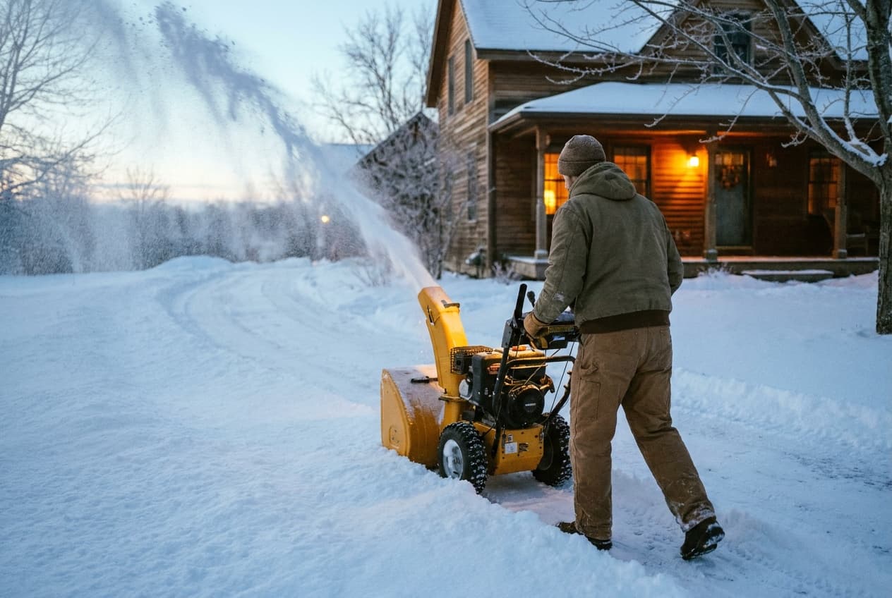 A plow truck clearing a snowy residential driveway